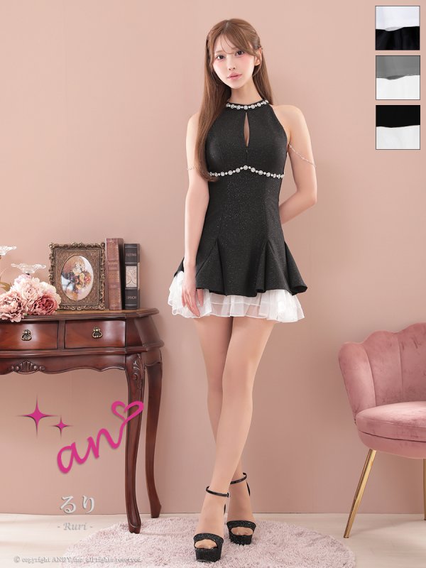 画像11: XSサイズあり【an /アン】ビジュー/ バストジップ/ チェーン/ アメスリ/ フリル/ バイカラー/ フレア/ ミニドレス/ キャバドレス[OF05] (11)