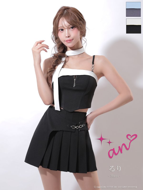 画像12: XSサイズあり【an /アン】 2WAY/ チョーカー付き/ バイカラー/ バストジップ/ キャミ/ ツイル/ プリーツ/ フレア/ セットアップ/ ミニドレス/ キャバドレス[OF05] (12)