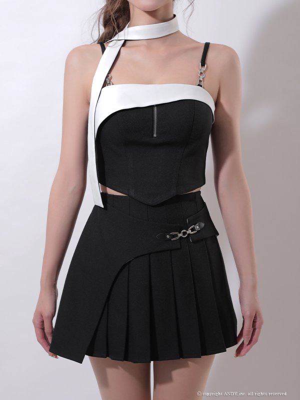 画像15: XSサイズあり【an /アン】 2WAY/ チョーカー付き/ バイカラー/ バストジップ/ キャミ/ ツイル/ プリーツ/ フレア/ セットアップ/ ミニドレス/ キャバドレス[OF05] (15)