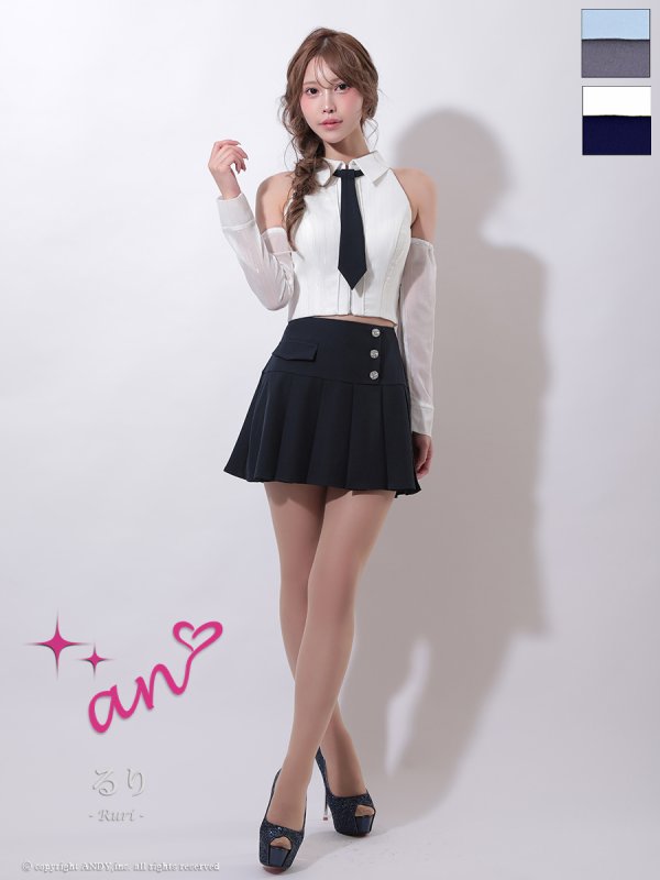 画像2: XSサイズあり【an /アン】4way/ 袖取り外し可能/ ネクタイ付き/ 襟/ フロントジップ/ アメスリ/ プリーツ/ フレア/ セットアップ/ ミニドレス/ キャバドレス[OF05] (2)