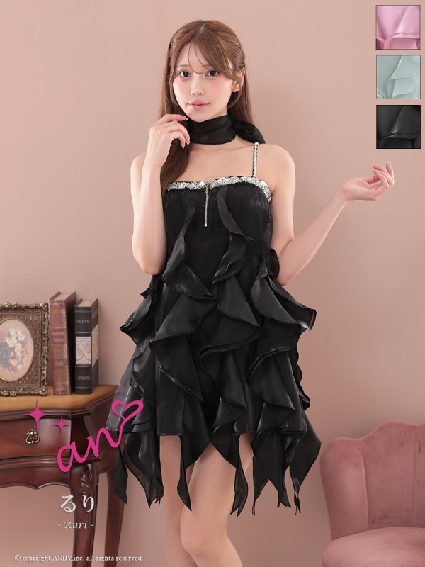 画像1: XSサイズあり【an/アン】ネックリボン付き/  ラッフルフリル/ ビジュー/ キャミソール/ バストジップ/ オーガンジー/ フレア/ ミニドレス/ キャバドレス[OF05] (1)