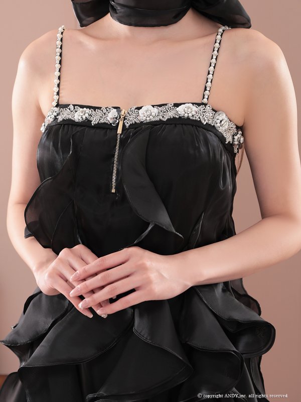 画像27: XSサイズあり【an/アン】ネックリボン付き/  ラッフルフリル/ ビジュー/ キャミソール/ バストジップ/ オーガンジー/ フレア/ ミニドレス/ キャバドレス[OF05] (27)