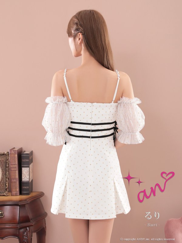 画像13: XSサイズあり【an /アン】ドット柄/ 袖付き/ フリル/ キャミ/ オフショル/ バストジップ/ ラインリボン/ フレア/ ミニドレス/ キャバドレス[OF05] (13)