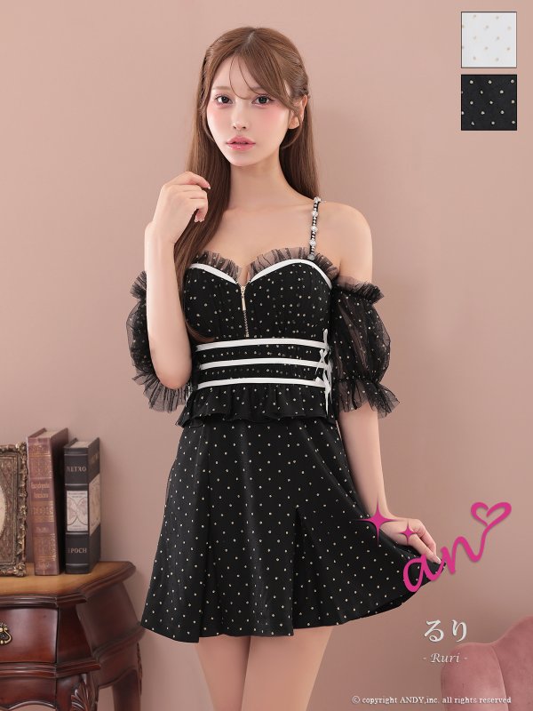 画像1: XSサイズあり【an /アン】ドット柄/ 袖付き/ フリル/ キャミ/ オフショル/ バストジップ/ ラインリボン/ フレア/ ミニドレス/ キャバドレス[OF05] (1)
