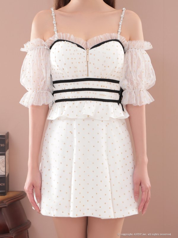 画像14: XSサイズあり【an /アン】ドット柄/ 袖付き/ フリル/ キャミ/ オフショル/ バストジップ/ ラインリボン/ フレア/ ミニドレス/ キャバドレス[OF05] (14)