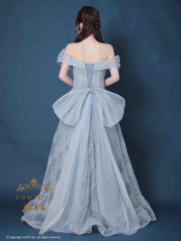 画像4: 【couture an/クチュールアン】ベア/ ラメ/ オフショル/チュール/ パール/ ビーズ刺繍/ バックリボン/ Aライン/ プリンセス/ ロングドレス/ キャバドレス long[OF05] (4)