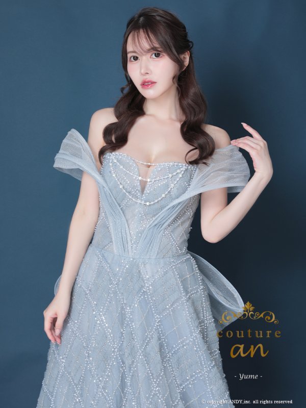 画像2: 【couture an/クチュールアン】ベア/ ラメ/ オフショル/チュール/ パール/ ビーズ刺繍/ バックリボン/ Aライン/ プリンセス/ ロングドレス/ キャバドレス long[OF05] (2)