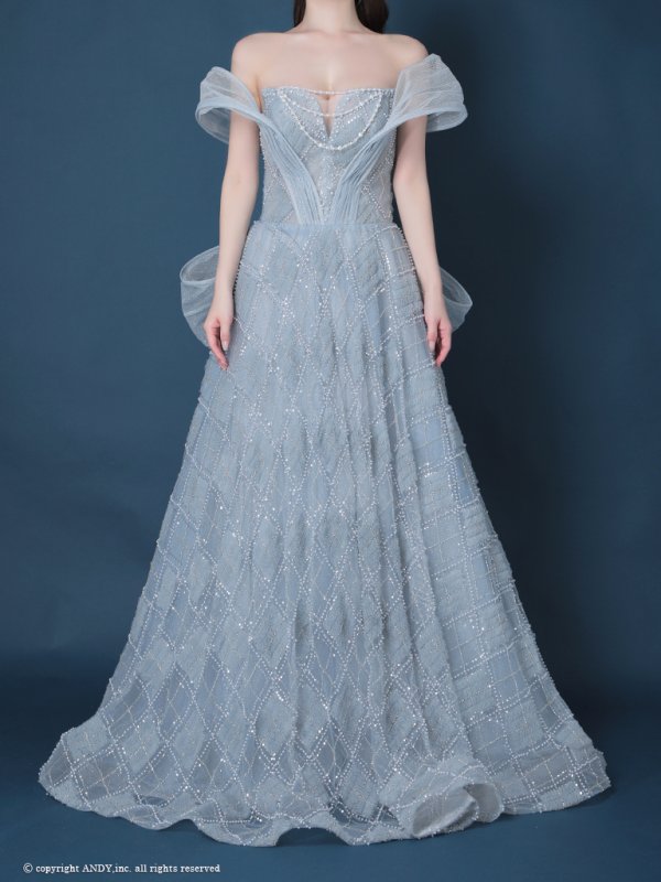 画像5: 【couture an/クチュールアン】ベア/ ラメ/ オフショル/チュール/ パール/ ビーズ刺繍/ バックリボン/ Aライン/ プリンセス/ ロングドレス/ キャバドレス long[OF05] (5)