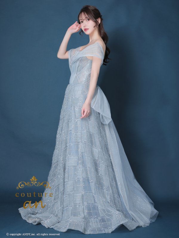 画像3: 【couture an/クチュールアン】ベア/ ラメ/ オフショル/チュール/ パール/ ビーズ刺繍/ バックリボン/ Aライン/ プリンセス/ ロングドレス/ キャバドレス long[OF05] (3)