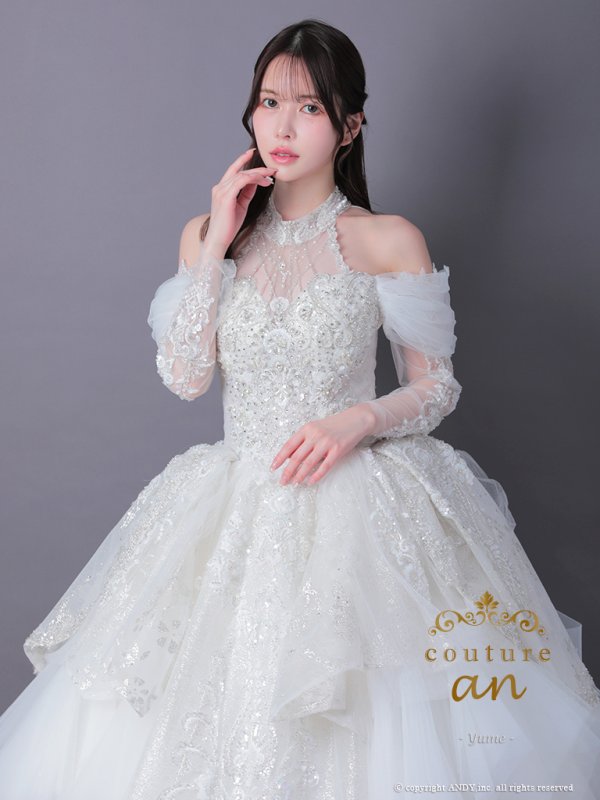 画像2: 【couture an/クチュールアン】アメスリ/ レース/ 袖あり/ スパンコール/ ビーズ/ 刺繍/ ロングスリーブ/ オフショル/ Aライン/ プリンセス/ ロングドレス/ キャバドレス long[OF05] (2)