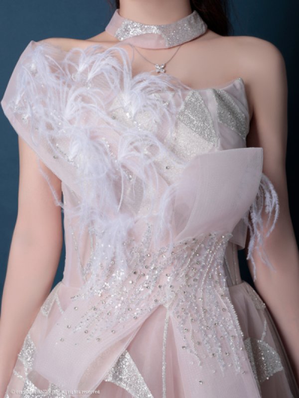 画像8: 【couture an/クチュールアン】フェザー/ オフショル/チュール/ ピンクベージュ/ シアー/ Aライン/ ロングドレス/ エレガント/ フェミニンパーティードレス/ キャバドレス long[OF05] (8)