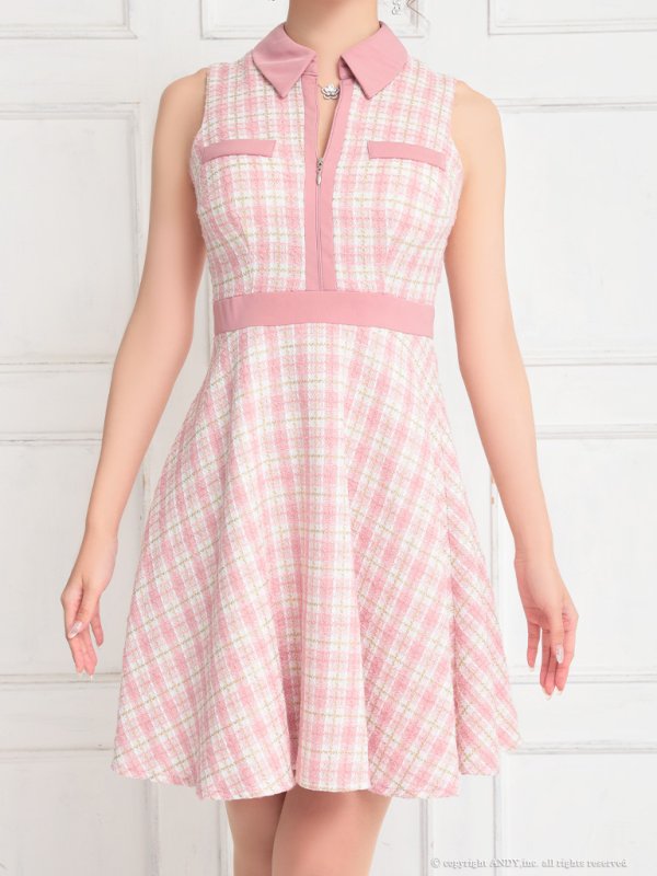 画像16: 【an/アン】ツイード/ 襟付き/ ジップ/ ラインデザイン/ ノースリーブ/ フレア/ ミニドレス/ キャバドレス[OF05] (16)