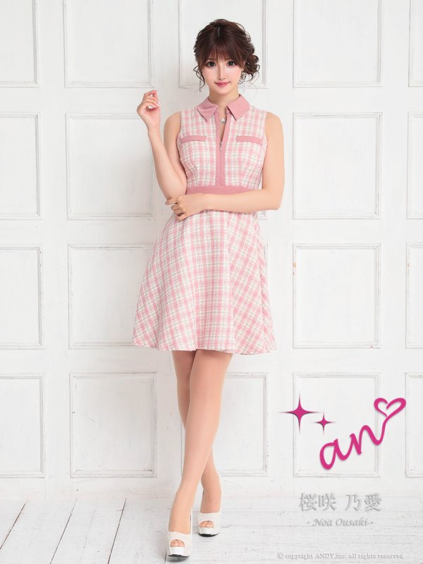 画像13: 【an/アン】ツイード/ 襟付き/ ジップ/ ラインデザイン/ ノースリーブ/ フレア/ ミニドレス/ キャバドレス[OF05] (13)