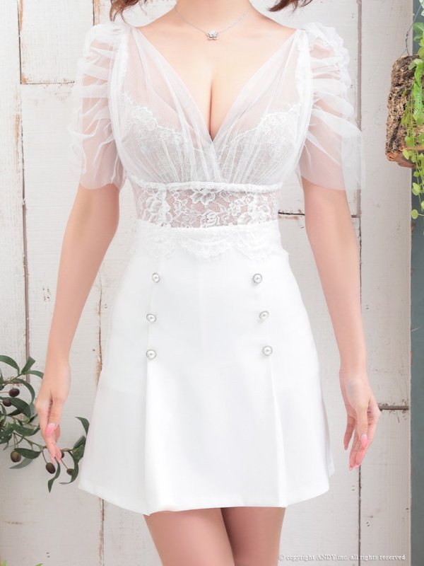 画像14: 【an/アン】パフスリーブ/ 半袖/ 袖あり/ バックリボン/ ボックスプリーツ/ チュール/ レース切り替え/ ランジェリーライク/ フレア/ ミニドレス/ キャバドレス[OF05] (14)