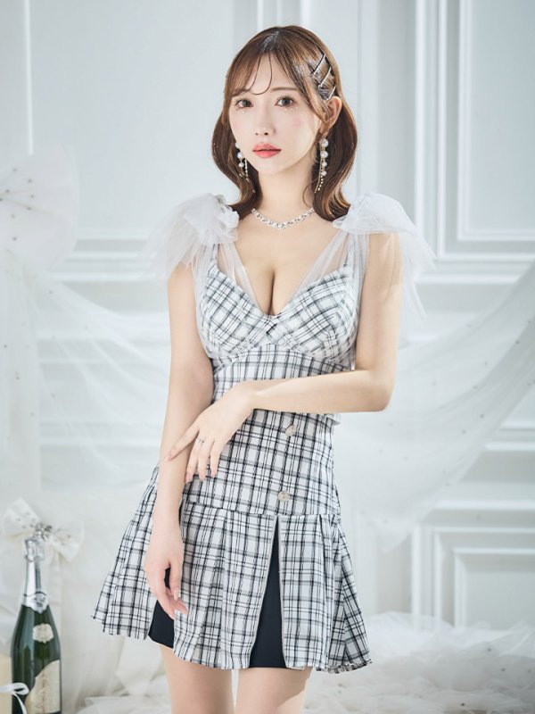 画像8: 【りょうか/関西コレクション着用】【an /アン】チェック柄/ ショルダーリボン/ チュール/ Aライン/ セットアップ/ ミニドレス/ キャバドレス[OF05] (8)