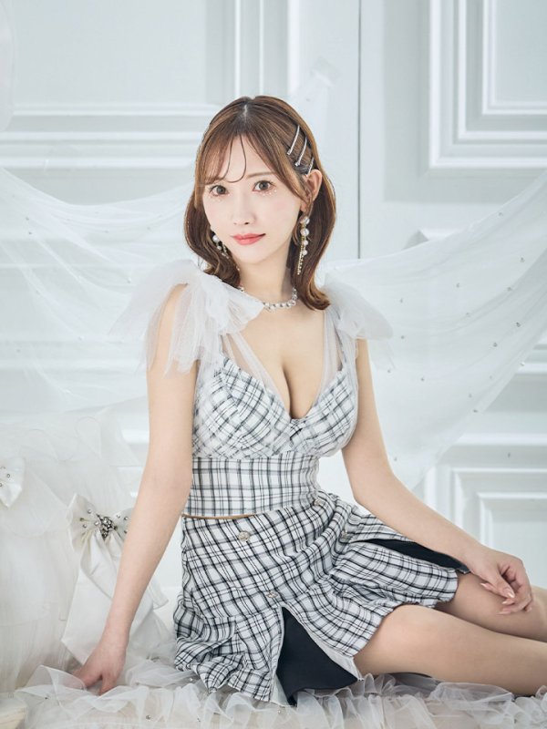 画像12: 【りょうか/関西コレクション着用】【an /アン】チェック柄/ ショルダーリボン/ チュール/ Aライン/ セットアップ/ ミニドレス/ キャバドレス[OF05] (12)