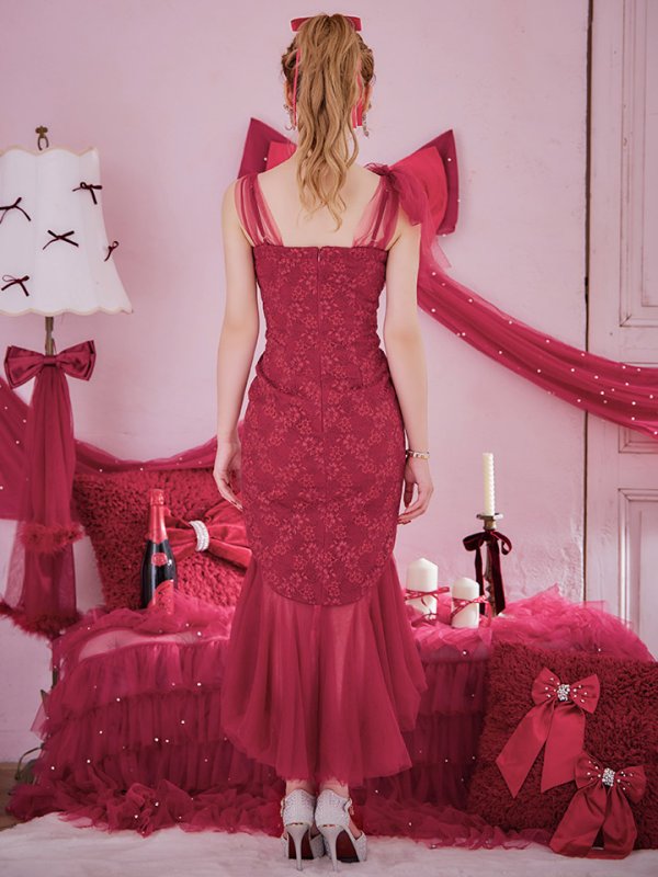 画像23: 【ゆうめろ/関西コレクション着用】XSサイズあり【an /アン】マーメイド/ チュール/ シフォン/ ショルダーリボン/ フリル/ テールカット/ ミディアムドレス/ キャバドレス[OF05] (23)