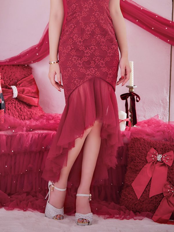 画像25: 【ゆうめろ/関西コレクション着用】XSサイズあり【an /アン】マーメイド/ チュール/ シフォン/ ショルダーリボン/ フリル/ テールカット/ ミディアムドレス/ キャバドレス[OF05] (25)