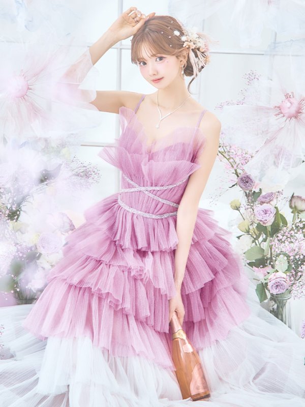 画像9: 【ひめか/関西コレクション着用】【couture an/クチュールアン】 グラデーション/ ティアード/ チュール/ レース/ フレア/  キャミソール/ ラメ/ Aライン/ ロングドレス/ カラードレス long[OF05] (9)