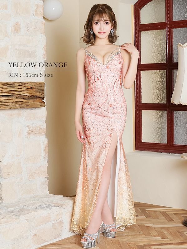 【Angel R/エンジェルアール】キャミ/レースデザイン/ビジュー/ タイト/ スリット/ ロングドレス/ キャバドレス long　イエローオレンジ