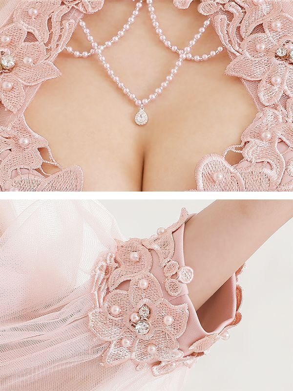 画像6: XSサイズあり【ANGEL R/エンジェルアール】フラワーレース/ パールチェーン/ 長袖/ ロングスリーブ/ 袖あり/ タイト/ マイクロミニドレス/ キャバドレス[OF2] (6)