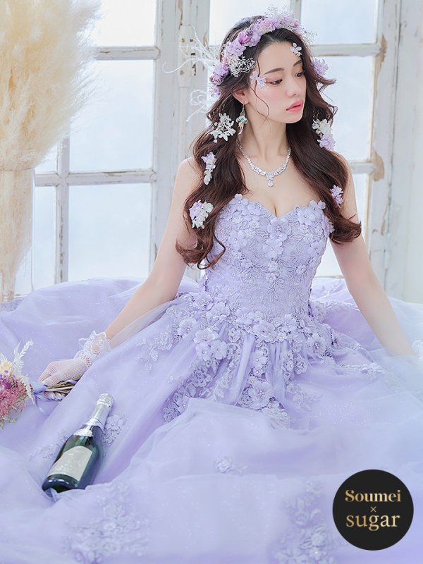 【Angel R/エンジェルアール】立体フラワー/ ベア/ プリンセス/ フレア/ ロング/ キャバドレスlong ラベンダー