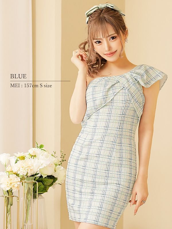 画像3: XSサイズあり【ANGEL R/エンジェルアール】リボンワンショルダー/ チェック/ タイト/ ミニドレス/ キャバドレス[OF2] (3)