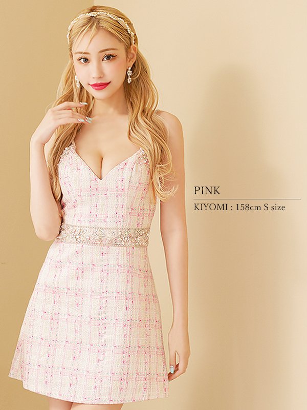 画像5: XSサイズあり【ANGEL R/エンジェルアール】チェックツイード/ ウエストパールビジュー/ フレア/ ミニドレス/ キャバドレス[OF2] (5)