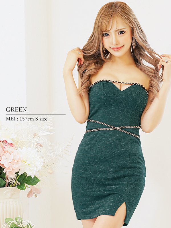 画像3: XSサイズあり【ANGEL R/エンジェルアール】ショルダーバストウエストチェーン/ ラメ/ キャミソール/ スリット/ タイト/ ミニドレス/ キャバドレス[OF2] (3)