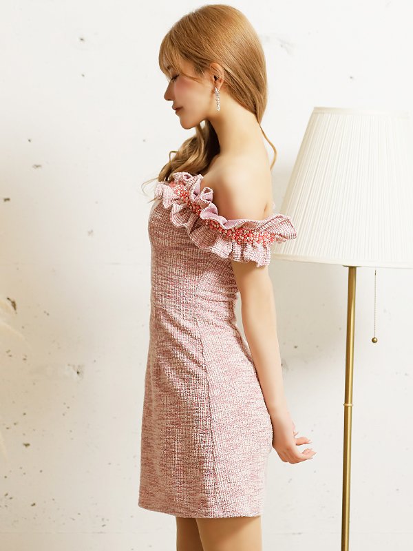 画像14: 【LIMITED SALE開催中！! 11月11日より順次発送予定】XSサイズあり【ANGEL R/エンジェルアール】ツイード/ ビジュー/ フリル/ オフショルダー/ フレア/ミニドレス/ キャバドレス[OF2] (14)