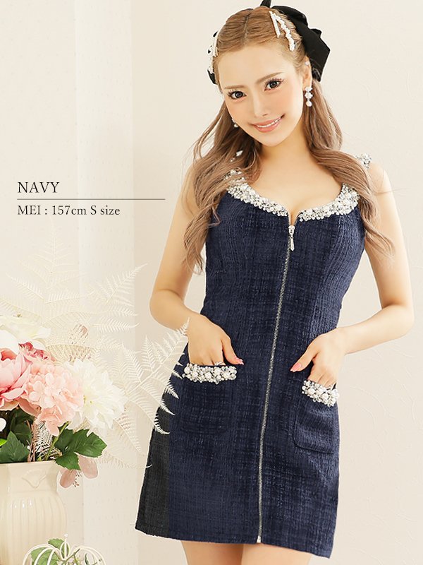 画像5: XSサイズあり【ANGEL R/エンジェルアール】ショルダーデコルテパール/ ビジューポケット/ ツイード/ ノースリーブ/ Aライン/ ミニドレス/ キャバドレス[OF2] (5)