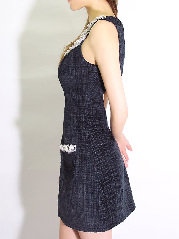 画像7: XSサイズあり【ANGEL R/エンジェルアール】ショルダーデコルテパール/ ビジューポケット/ ツイード/ ノースリーブ/ Aライン/ ミニドレス/ キャバドレス[OF2] (7)