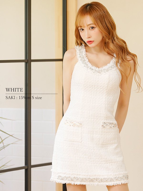 画像4: XSサイズあり【ANGEL R/エンジェルアール】デコルテフリンジビジュー/ ラメツイード/ ノースリーブ/ タイト/ ミニドレス/ キャバドレス[OF2] (4)