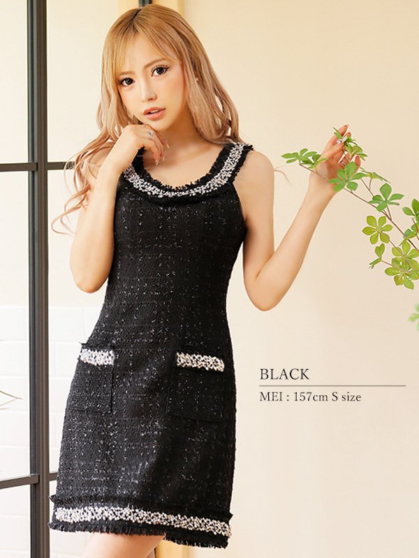 画像5: XSサイズあり【ANGEL R/エンジェルアール】デコルテフリンジビジュー/ ラメツイード/ ノースリーブ/ タイト/ ミニドレス/ キャバドレス[OF2] (5)