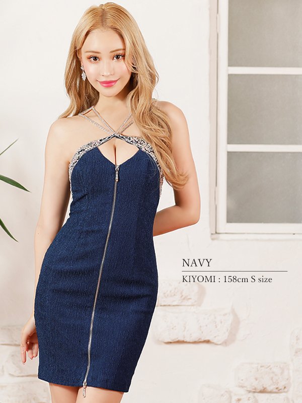 画像2: XSサイズあり【ANGEL R/エンジェルアール】ショルダーバストビジュー/ フロントファスナー/ ノースリーブ/ ストレッチ/ ワンカラー/ タイト/ ミニドレス/ キャバドレス[OF2] (2)