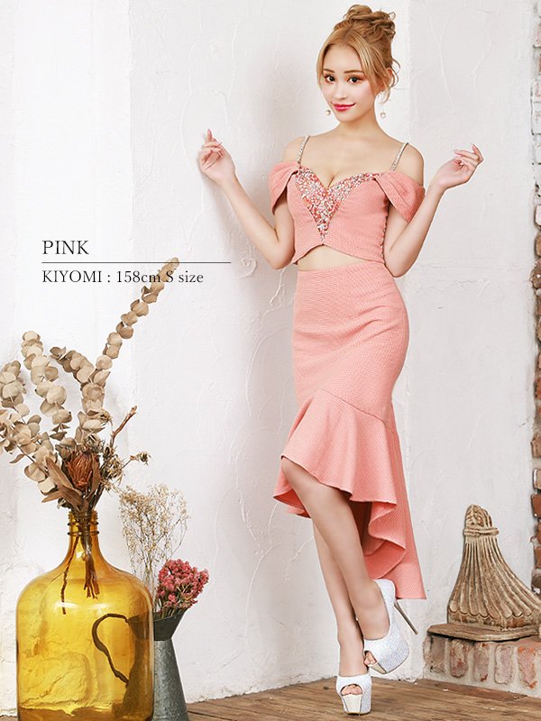 画像12: XSサイズあり【ANGEL R/エンジェルアール】バストフラワーレース/ ビジュー/ セパレート/ オフショル/ マーメイド/ ミディアムドレス/ キャバドレス[OF2] (12)