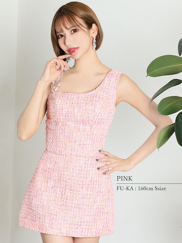 画像16: XSサイズあり☆背の低い方必見！【ANGEL R/エンジェルアール】ツイード/ ショルダービジュー/ ツーピース/ タイト/ マイクロミニドレス/ キャバドレス[OF2] (16)