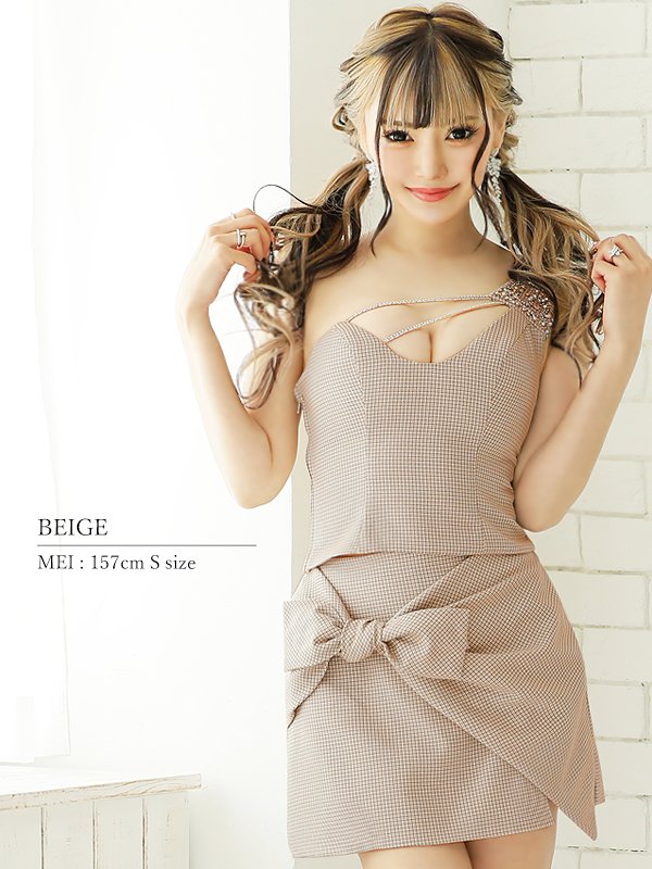 画像3: XSサイズあり☆背の低い方必見！【ANGEL R/エンジェルアール】ワンショルダー/ チェック/ リボン/ ツーピース/ マイクロミニドレス/ キャバドレス[OF2] (3)