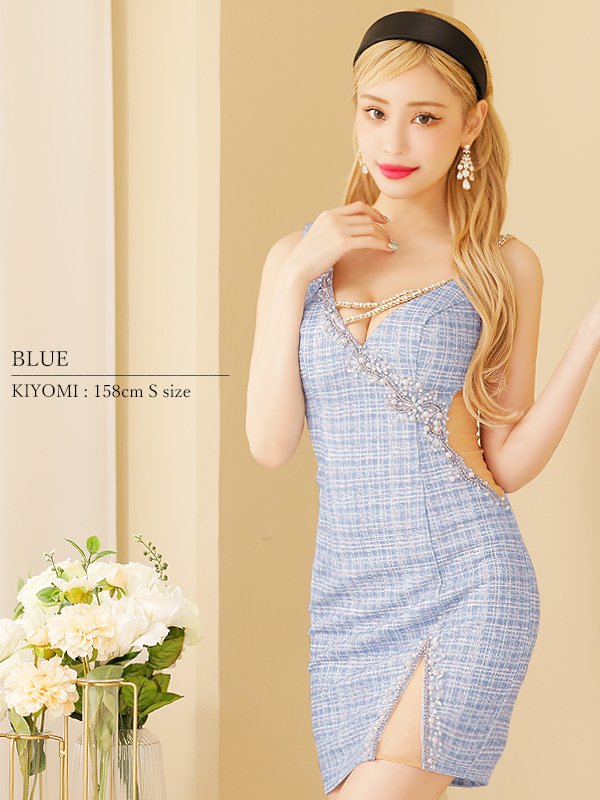 画像11: sugarコラボ商品☆XSサイズあり【ANGEL R/エンジェルアール】フロントパールビジュー/ アシンメトリーショルダー/ チェック/ ツイード/ キャミソール/ タイト/ ミニドレス/ キャバドレス[OF2] (11)