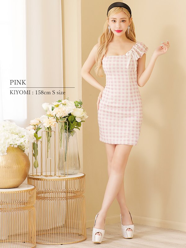 画像5: XSサイズあり【ANGEL R/エンジェルアール】アシンメトリー/ ショルダーギャザー/ チェック/ ツイード/ タイト/ ミニドレス/ キャバドレス[OF2] (5)