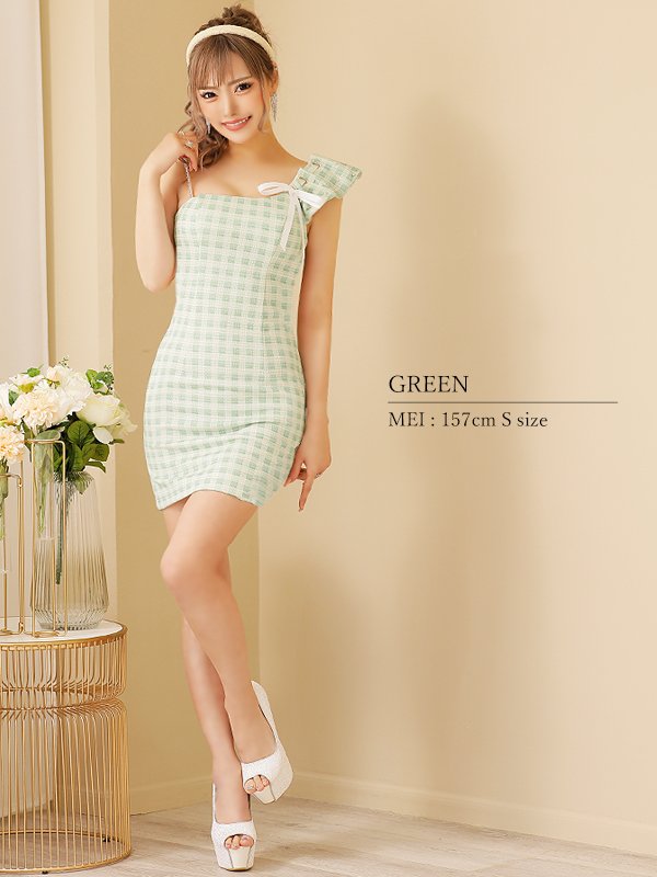 画像3: XSサイズあり【ANGEL R/エンジェルアール】アシンメトリー/ ショルダーギャザー/ チェック/ ツイード/ タイト/ ミニドレス/ キャバドレス[OF2] (3)