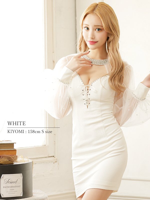 画像3: 【ANGEL R/エンジェルアール】デコルテビジュー/ バストレースアップ/ ロングスリーブ/ パフスリーブ/ 袖あり/ タイト/ ミニドレス/ キャバドレス[OF2] (3)