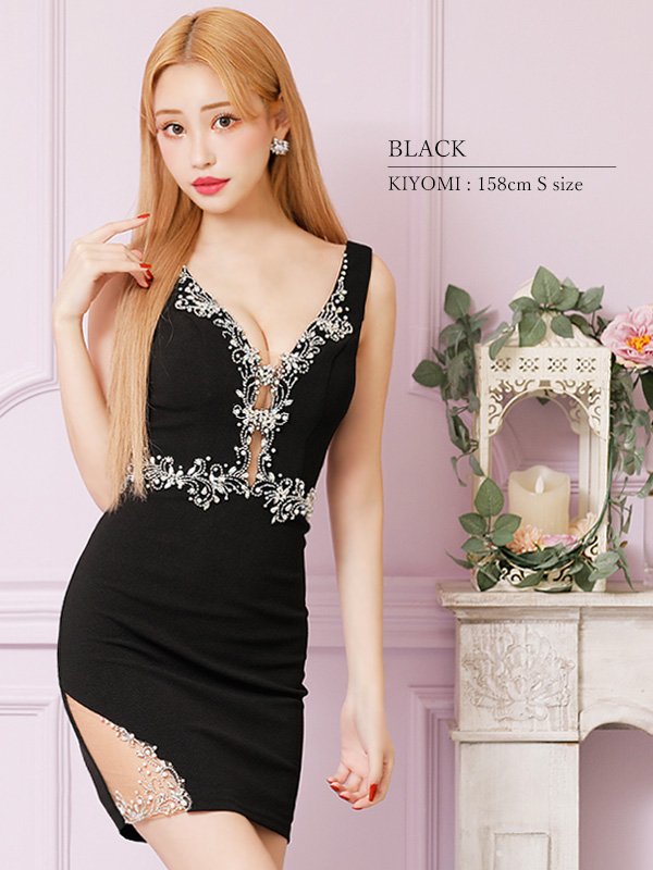 画像3: 【ANGEL R/エンジェルアール】 ワンカラー/ バストVメッシュ/ ビジュー/ シアー/ ノースリーブ/ タイト/ ミニドレス/ キャバドレス[OF2] (3)