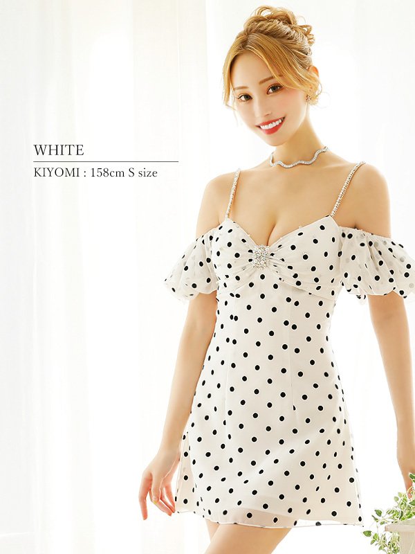 画像13: XSサイズあり【ANGEL R/エンジェルアール】シフォンショルダー/ バストビジュー/ ドット/ フレア/ マイクロミニドレス/ キャバドレス[OF2] (13)