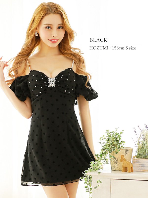 画像21: XSサイズあり【ANGEL R/エンジェルアール】シフォンショルダー/ バストビジュー/ ドット/ フレア/ マイクロミニドレス/ キャバドレス[OF2] (21)