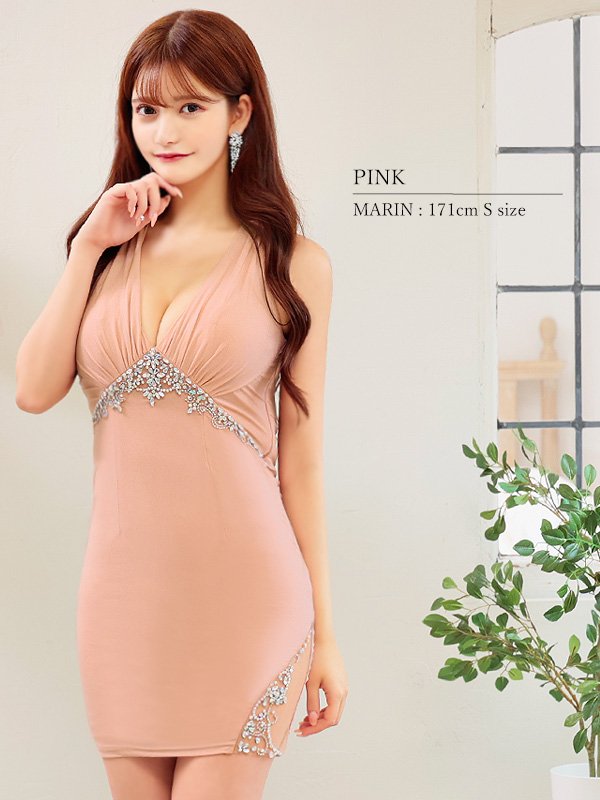 画像3: XSサイズあり【ANGEL R/エンジェルアール】バッククロスリボンデザイン/ バストギャザー/ ビジュー/ タイト/ ミニドレス/ キャバドレス[OF2] (3)