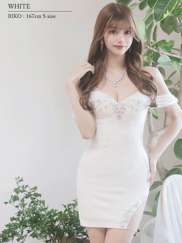 画像2: XSサイズあり【ANGEL R/エンジェルアール】 シフォンスリーブ/ ビジュー/ メッシュ/ ミニドレス/ キャバドレス[OF2] (2)