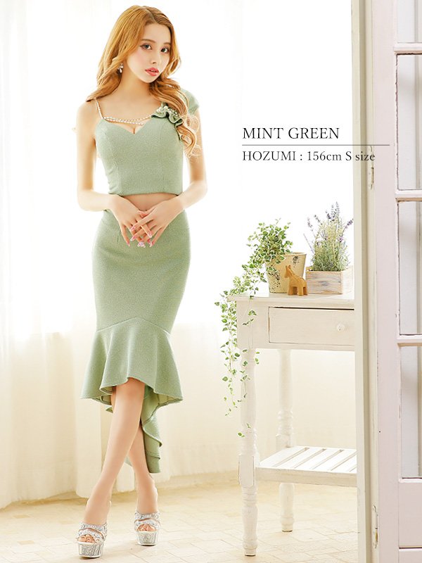 画像5: XSサイズあり【ANGEL R/エンジェルアール】アシンメトリーショルダー/ パールビジュー/ セパレート/ マーメイド/ ラメ/ ミディアムドレス/ キャバドレス[OF2] (5)