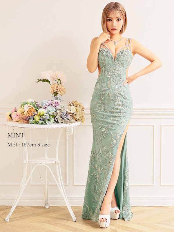 画像6: 【ANGEL R/エンジェルアール】スパンコール/ フラワービジュー/ Vカットメッシュ/ キャミソール/ スリット/ タイト/ ロングドレス/ キャバドレス long[OF2] (6)