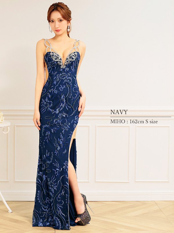 画像7: 【ANGEL R/エンジェルアール】スパンコール/ フラワービジュー/ Vカットメッシュ/ キャミソール/ スリット/ タイト/ ロングドレス/ キャバドレス long[OF2] (7)